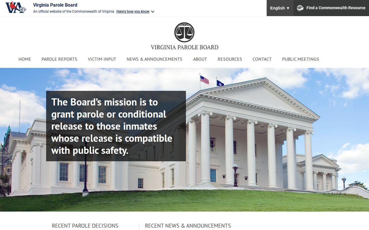 Virginia Parole Board source for James City County parole records