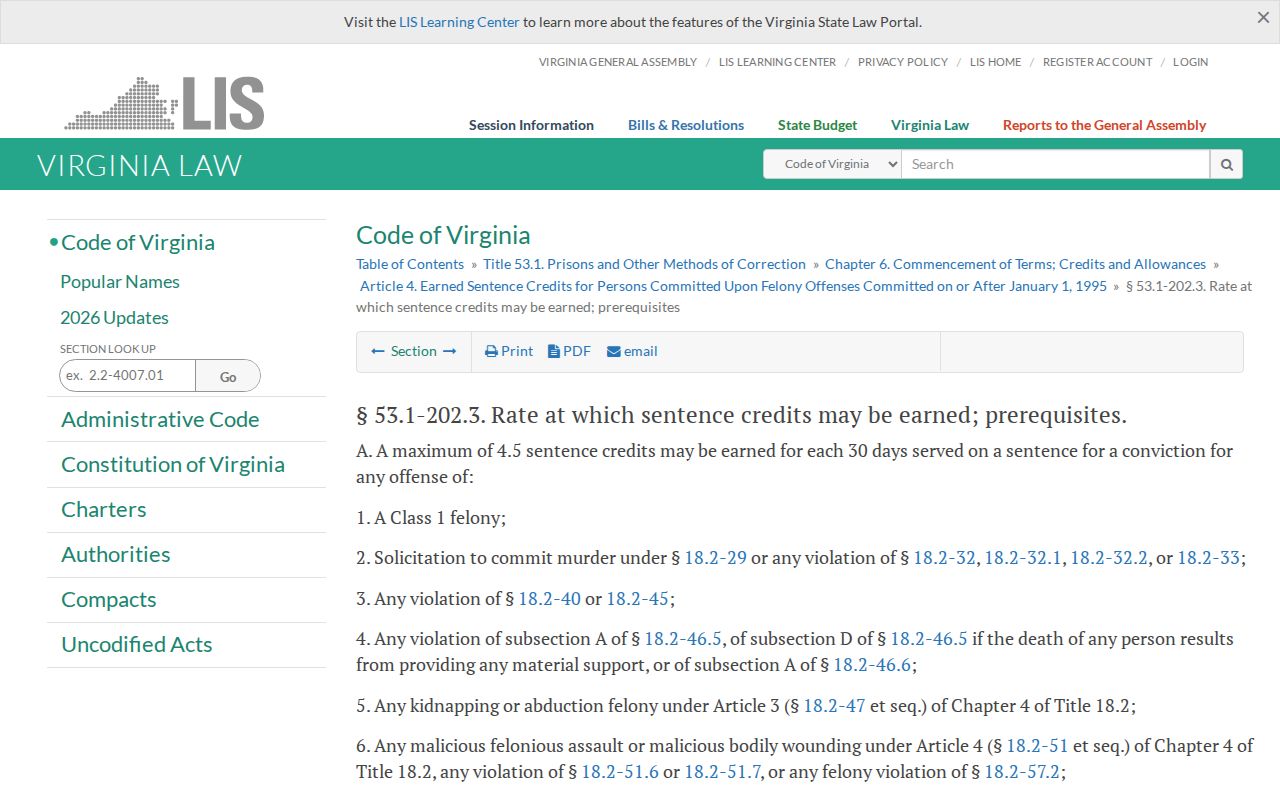Virginia earned sentence credit rates for James City County release dates