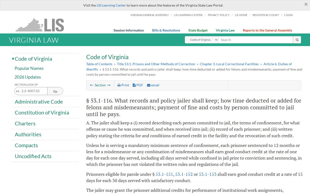 Virginia local jail law for a James City County projected release date
